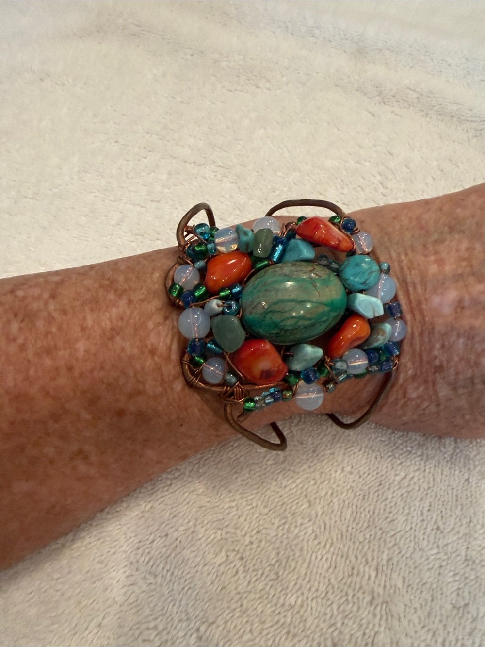 Handcrafted Turquoise & Coral Beaded Statement Cuff Bracelet